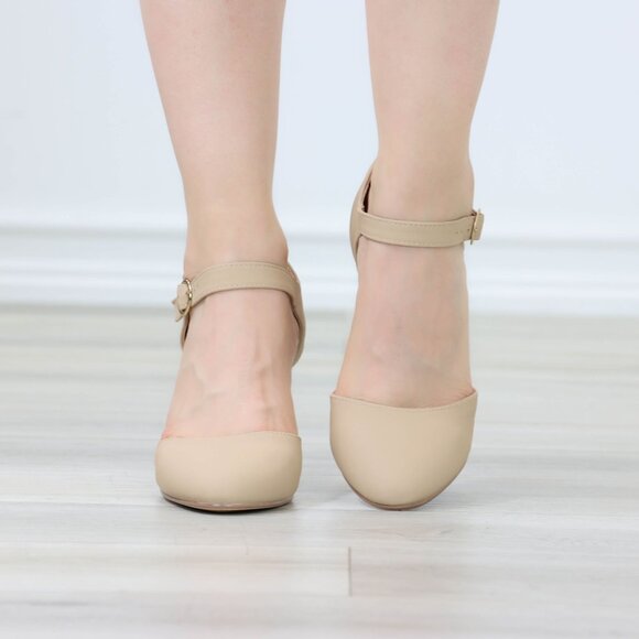 Beige High Heels Ankle Strap Almond Toe Block Classic Pumps Nubuck - Picture 7 of 12